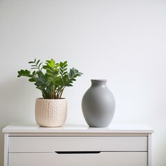 plant in the interior, a modern vase and interior plant pot on sleek white furniture against a clean white background