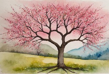 watercolor painting of a cherry blossom tree in full bloom.