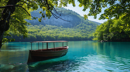 Naklejka na ściany i meble a serene lake surrounded by lush green trees and a clear blue sky, with a small brown boat floating