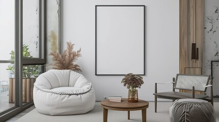 minimalist interior with blank frame mock up on wall