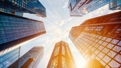 Bottom view of Impressive modern skyscrapers reaching for the sky in the city center in sunset
