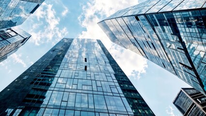 A magnificent view of a bustling cityscape with towering modern glass skyscrapers reaching towards the sky, bottom view