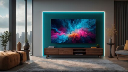 3D render of a modern interior room design with a TV screen showcasing colorful and creative colors. Generative ai