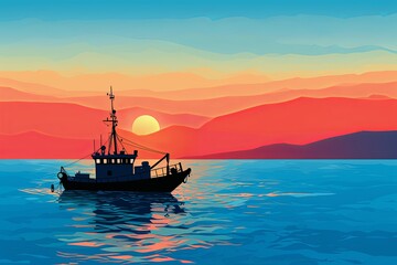 Fototapeta premium Mediterranean Sea Horizon Gradients: Fishing Boat Silhouette at Sunset
