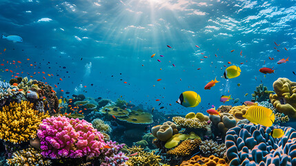 a vibrant coral reef with a variety of colorful fish swimming in the blue water
