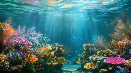 a colorful underwater world featuring a variety of fish and flowers, including orange, yellow, blue