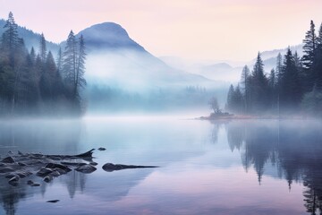 Fototapeta na wymiar Morning Mist over Lake Gradients: A Gentle Foggy Spectrum Sunrise