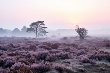 Obraz na płótnie Canvas Mysterious Foggy Moor Gradients: Enigmatic Heathland Serenity