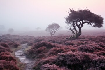 Obraz premium Mysterious Foggy Moor Gradients: A Serene Heathland Experience