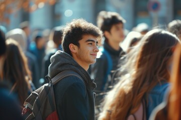 Obraz premium Portrait of a young man with a backpack in the city.