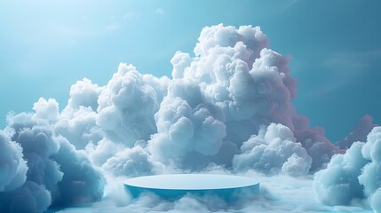 3d render podium with white cloud background. white clouds sky background for showcasing products or creating a beauty-themed display.