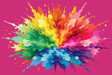 colorful rainbow holi paint color powder explosion vector, isolated wide hot pink panorama background