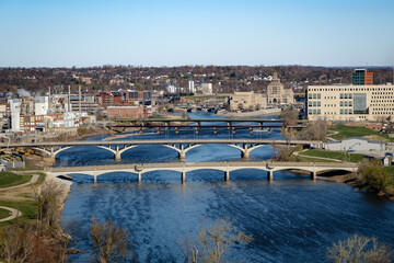 Cedar Rapids, Iowa, USA view of bridges over the Cedar River, ariel view