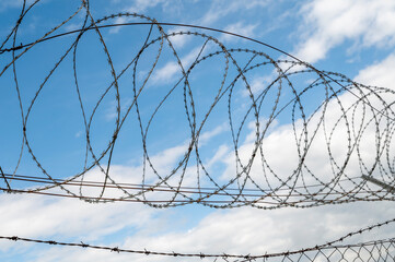 Barbed wire fence. Razor wire. Restricted area. Airport protection.