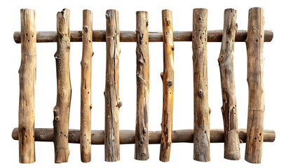 A rustic wooden fence made of round tree sticks isolated on white background