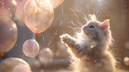 Cat playing with white balloons