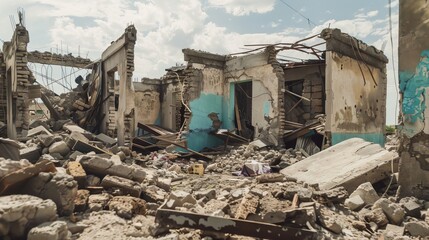 Amidst the wreckage of war, houses destroyed by bombardment stand as symbols of resilience and hope, their shattered remains a testament to the human spirit's capacity for survival and renewal.
