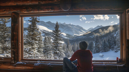 a person sits on a window sill, gazing out at the snow - covered mountains and tall trees, with a w