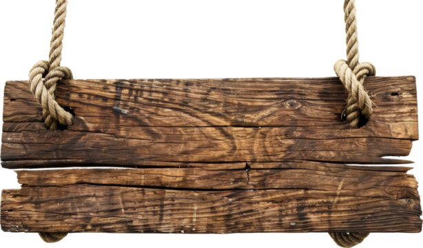 Weathered wooden sign suspended by ropes