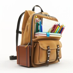 3D Render of a backpack filled with textbooks, notebooks, and other school supplies, on isolated white background, Generative AI