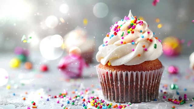 delicious birthday cupcake on table on light background. seamless looping overlay 4k virtual video animation background