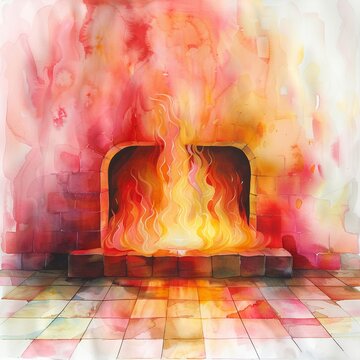 An optical illusion of a hearth displays a chronology of historical fires in shifting patterns