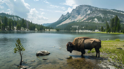 a majestic bison stands by a serene lake surrounded by lush green trees and a majestic mountain, un