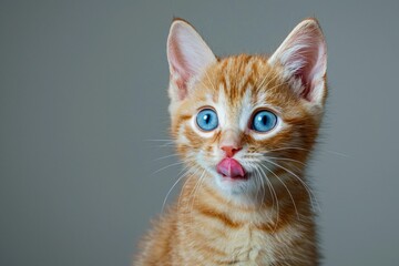 Obraz premium Humorous portrait of a white-red kitten with blue eyes licking its lips, studio photo
