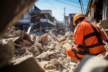 An Asian rescue worker in an orange uniform earthquake helmet clothing.