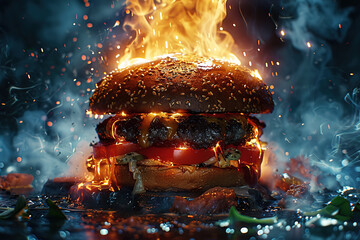Delicious hamburger in fire with smoke and flame