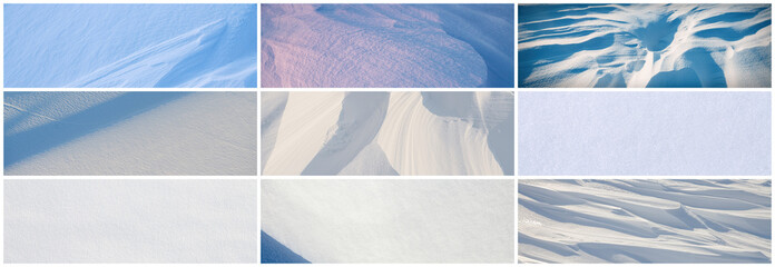 Set of snow textures. Collection of beautiful panoramic winter backgrounds with pure fresh snow and wind-sculpted patterns on a snowy surface. Nine wide panoramas with natural snow textures.