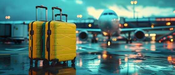 Two yellow and blue travel suitcases on wheels at an airport with planes in the background. Soft lighting, photorealistic, cinematic atmosphere.