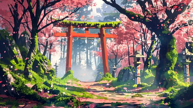Japanese torii Gates amongst Cherry Blossom Trees. Ancient concept, anime illustration style, looping 4k video animation background
