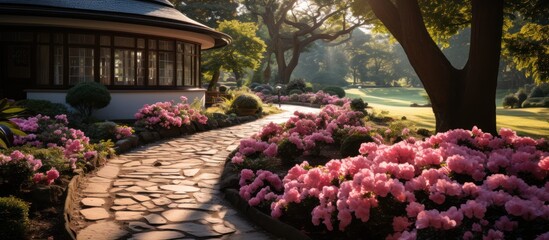 Beautiful landscape in japanese style garden with blooming flowers - obrazy, fototapety, plakaty