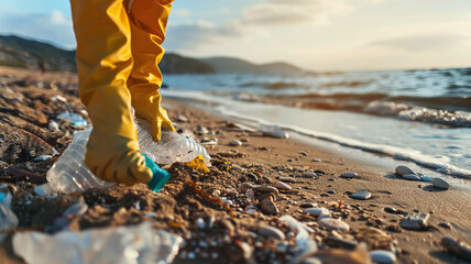 close up of person collecting garbage and plastic on the beach, ecology concept