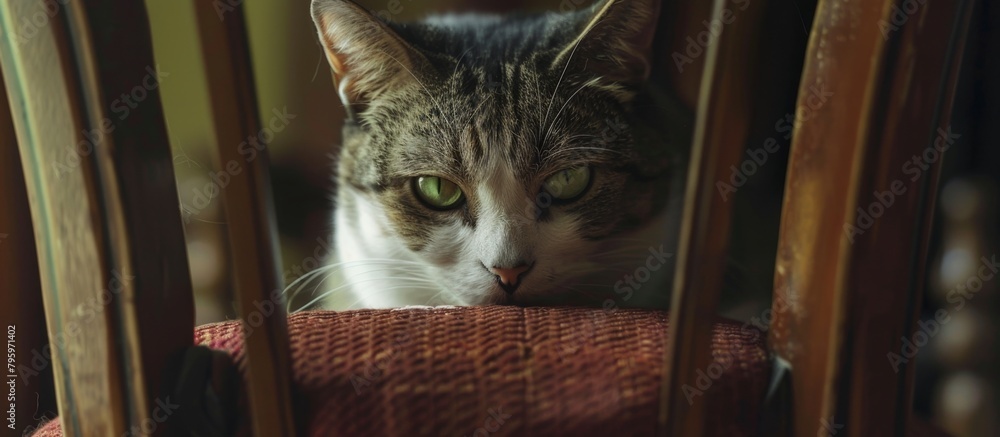 Poster a curious tabby cat with distinct markings sits attentively on a chair, fixating its gaze on the cam