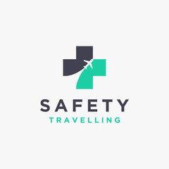 Medical cross and motion plane logo, safety traveling logo icon vector template on white background