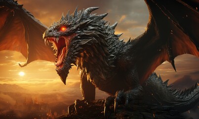 A black dragon with red eyes stands on a mountaintop, looking over a vast landscape. The sun is setting behind it, casting a golden glow over the scene. - obrazy, fototapety, plakaty