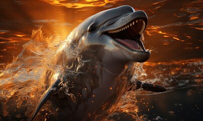 A bottlenose dolphin jumps out of the water with the sun setting in the background. - obrazy, fototapety, plakaty