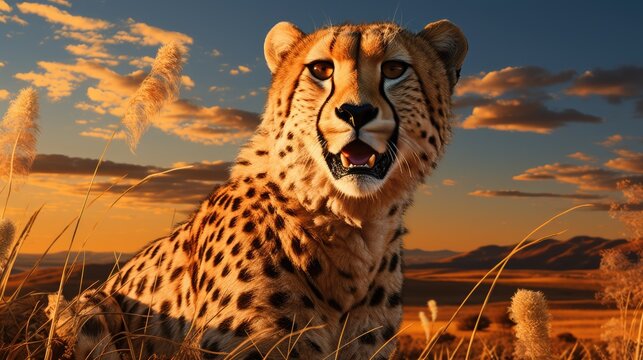 A beautiful portrait of a cheetah sitting in the middle of a tall yellow grass field, with the sun setting in the background.