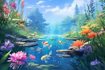Serene Koi Pond Gradients - Tranquil Water Scene Reflections