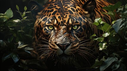A jaguar in the jungle, staring at the camera with an intense gaze - obrazy, fototapety, plakaty