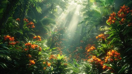 Obraz na płótnie Canvas A lush tropical jungle with bright orange flowers and green foliage