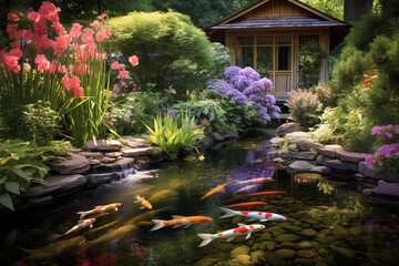 Fototapeta na wymiar Tranquil Serene Koi Pond Gradients: Garden Oasis Reflection