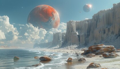 An ocean on a distant planet with two moons. - obrazy, fototapety, plakaty