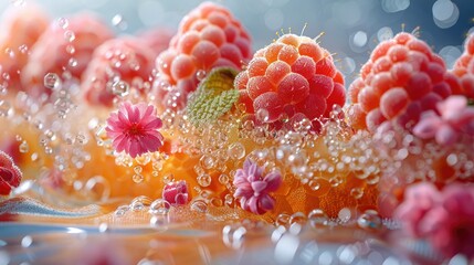 Pink and red raspberries and flowers in water with bubbles - obrazy, fototapety, plakaty