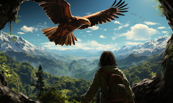 girl looking at an eagle flying high above the mountains