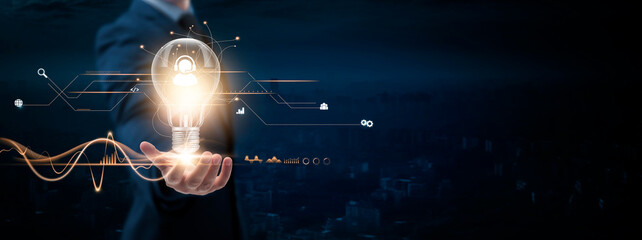 Customer Support: Businessman holding creative light bulb with Digital Networking and Customer Support Icon. Innovation, Problem-Solving, Empowering Customers, on Blue City Background.