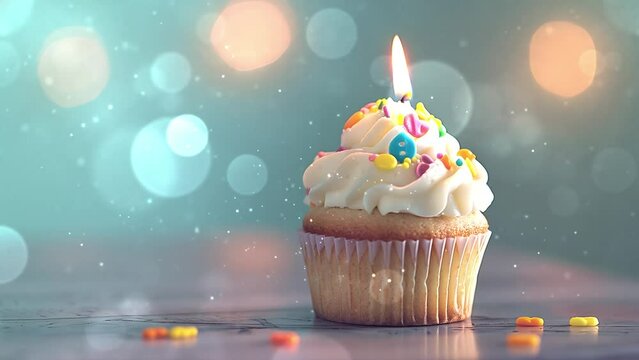 simple birthday cupcake with vanilla cream and candle. seamless looping overlay 4k virtual video animation background