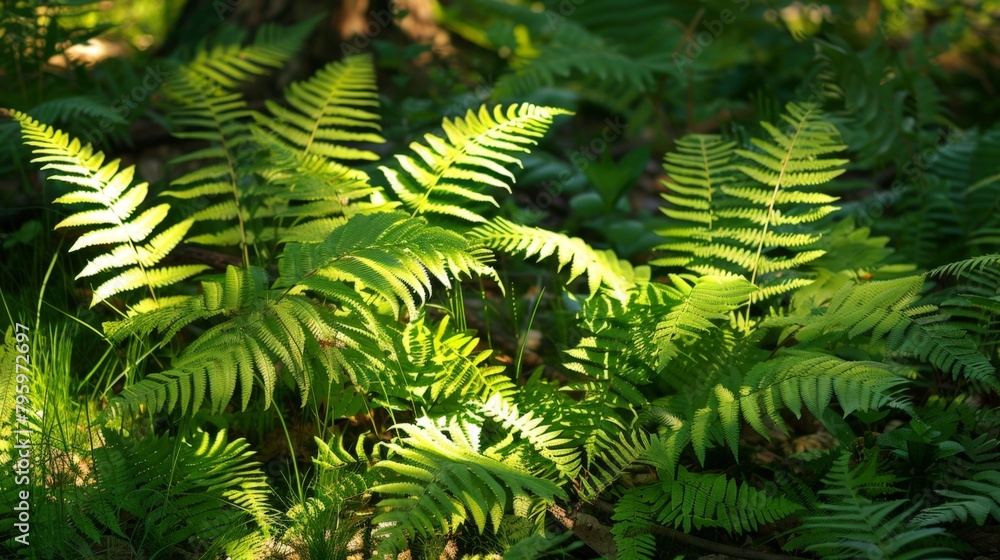 Sticker Close-up of lush fern amidst dense woods